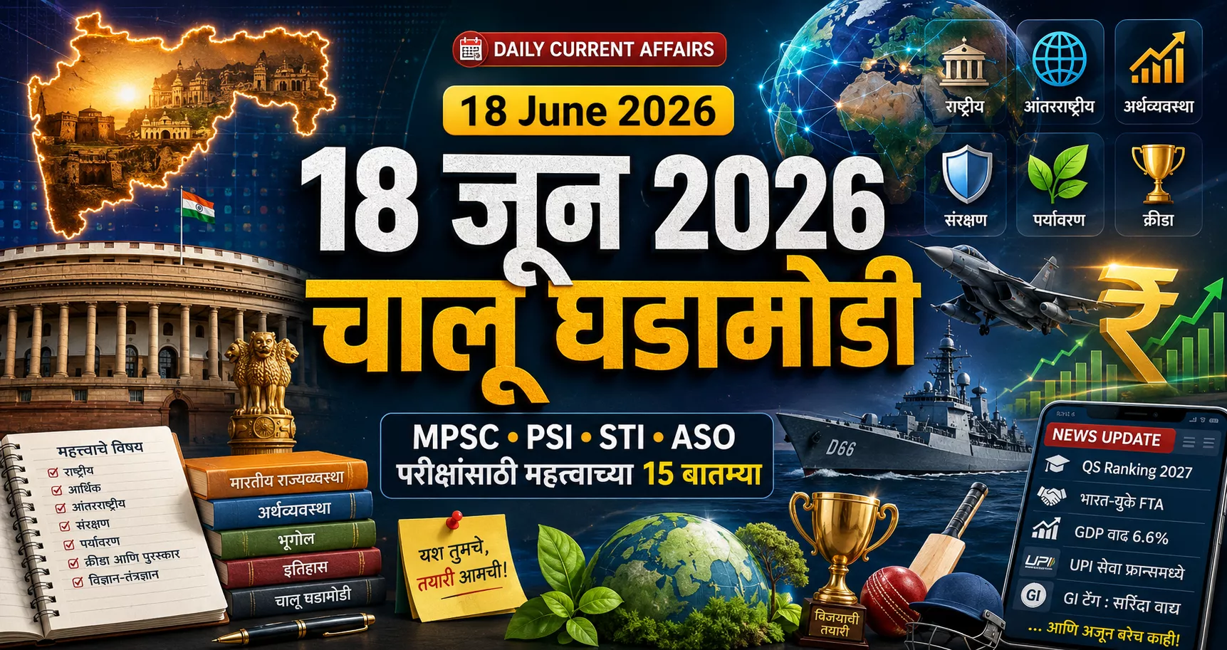 18 जून 2026 MPSC चालू घडामोडी, भारत-यूके FTA, QS Ranking 2027, GDP Growth, UPI France आणि इतर महत्त्वाच्या राष्ट्रीय व आंतरराष्ट्रीय बातम्यांचा मराठी आढावा.