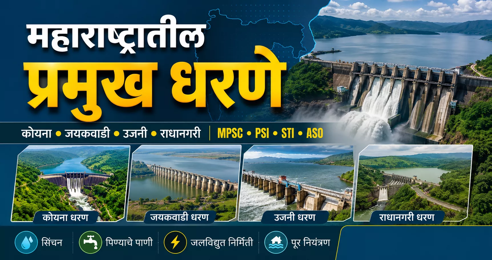 महाराष्ट्रातील प्रमुख धरणे दर्शवणारे शैक्षणिक बॅनर ज्यामध्ये कोयना, जयकवाडी आणि उजनी धरणांची माहिती MPSC परीक्षेसाठी दर्शविली आहे