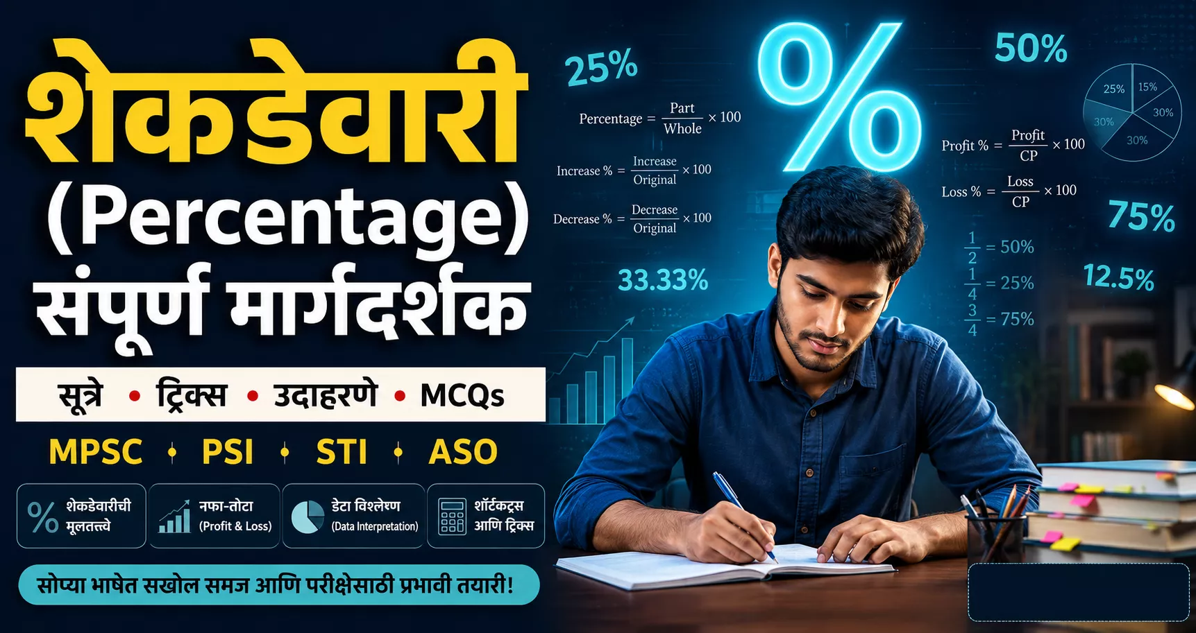 शेकडेवारी Percentage विषयावरील MPSC गणित मार्गदर्शक दर्शवणारी शैक्षणिक Featured Image