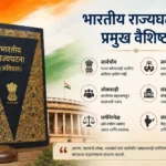 भारतीय राज्यघटनेची प्रमुख वैशिष्ट्ये दर्शविणारे माहितीपूर्ण चित्र ज्यामध्ये भारतीय संविधान, संसद भवन आणि राज्यघटनेची महत्त्वाची वैशिष्ट्ये दर्शविली आहेत.