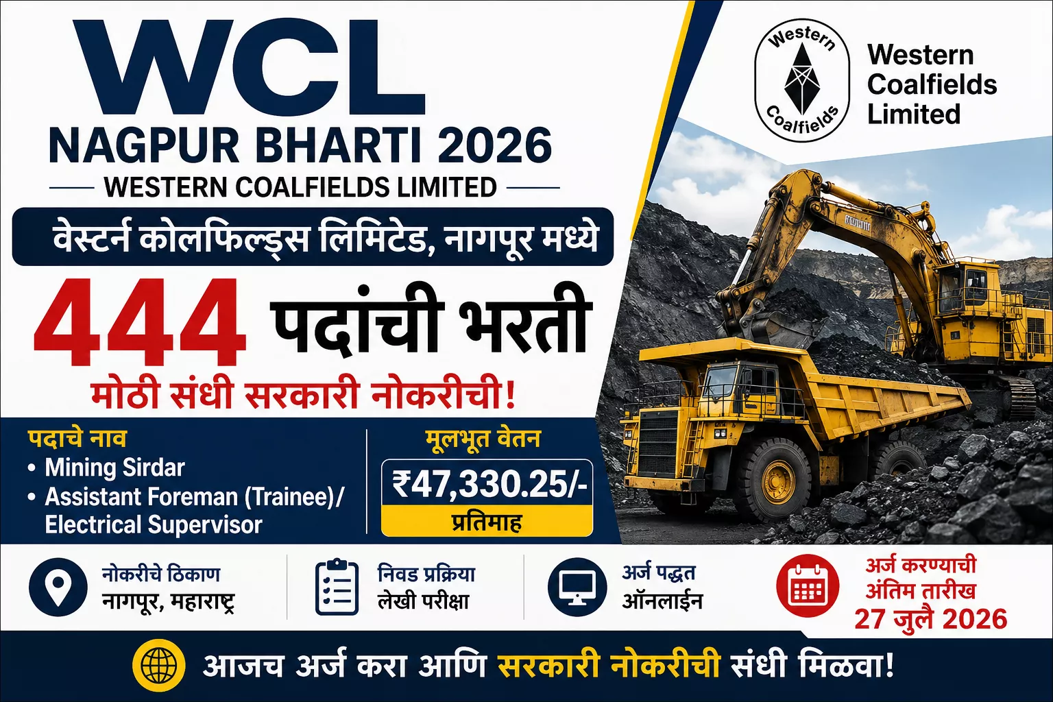 WCL Nagpur Bharti 2026 featured image showing Western Coalfields Limited recruitment for 444 Mining Sirdar and Assistant Foreman posts in Nagpur