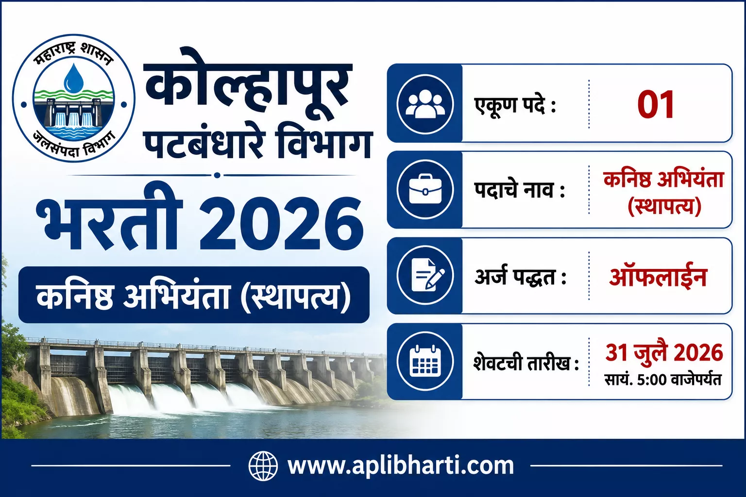 Kolhapur Patbandhare Vibhag Bharti 2026 – कोल्हापूर पटबंधारे विभागात कनिष्ठ अभियंता (स्थापत्य) पदासाठी भरती