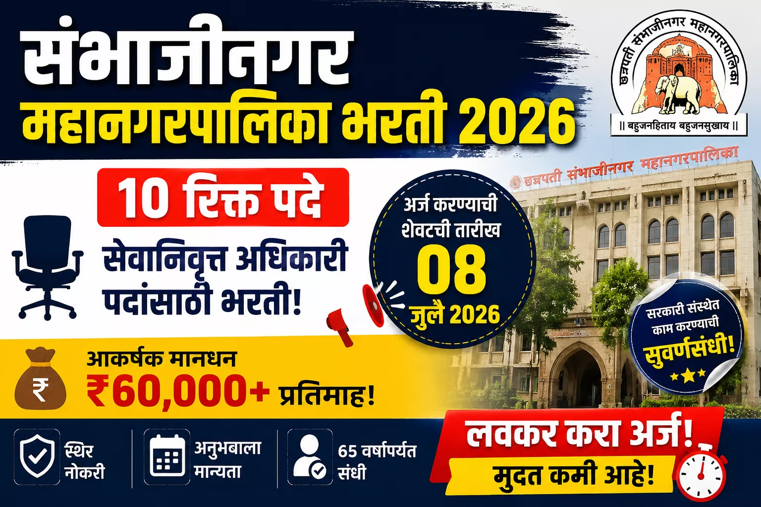 संभाजीनगर महानगरपालिका भरती 2026 – 10 सेवानिवृत्त अधिकारी पदांची भरती